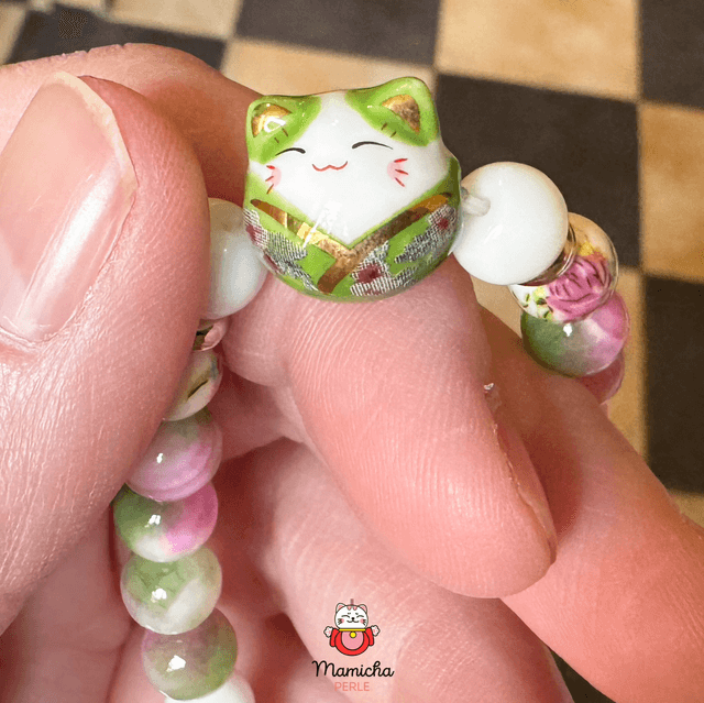 Bracelet Maneki Neko en pierres calcédoine & céramique 